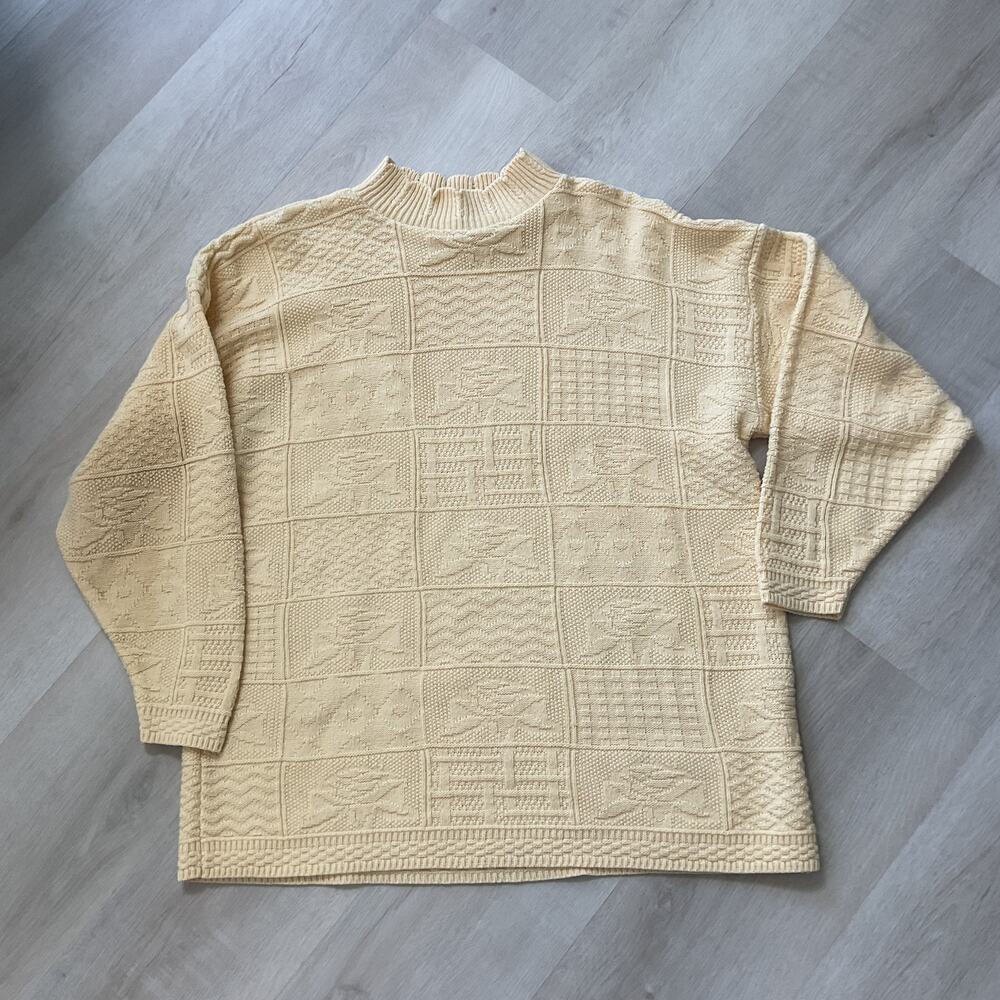 Spunky Retro Chunky Scalloped Neck Yellow Knit Long Sleeve Sweater Womens XL